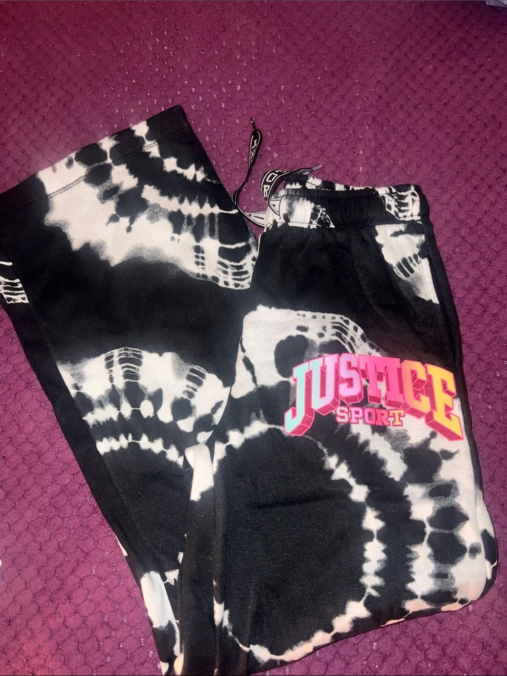 Justice Black & White Tie-Dye Joggers with Neon Logo size M 10